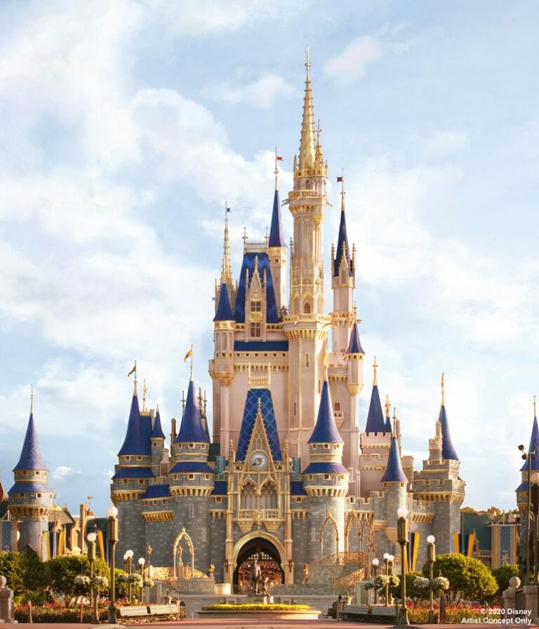 Foto do projeto artístico de como ficará o castelo depois da reforma Foto do projeto artístico de como ficará o castelo depois da reforma, com detalhes em rosa, dourado e telhados em um azul mais escuro