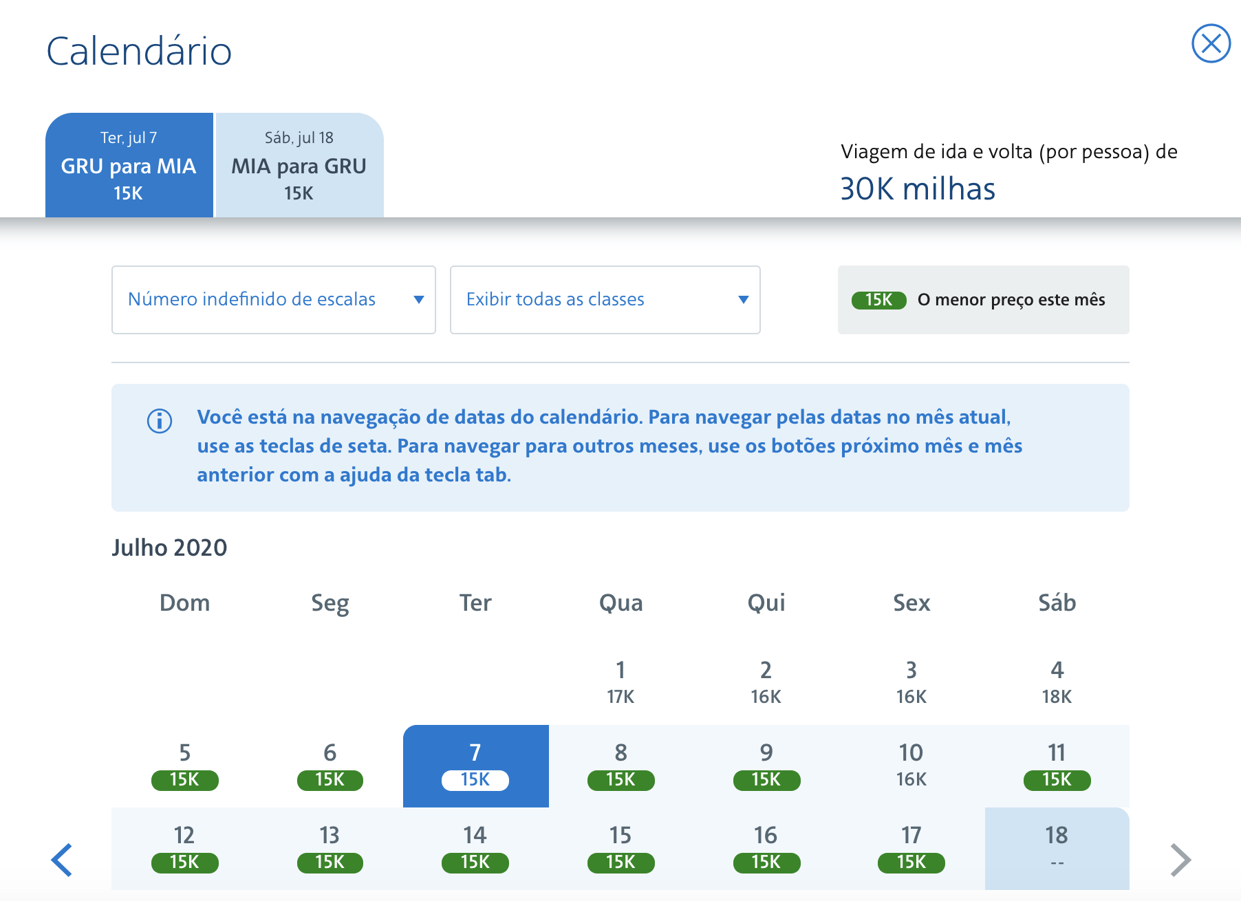 Programa de milhas no site da American Airlines Foto do calendário de disponibilidade para agendar passagens com milhas no site da American Airlines