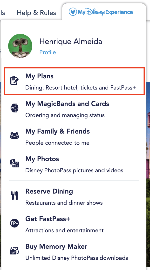 Foto do site da Disney Foto do My Disney Experience mostrando a seção My Plans
