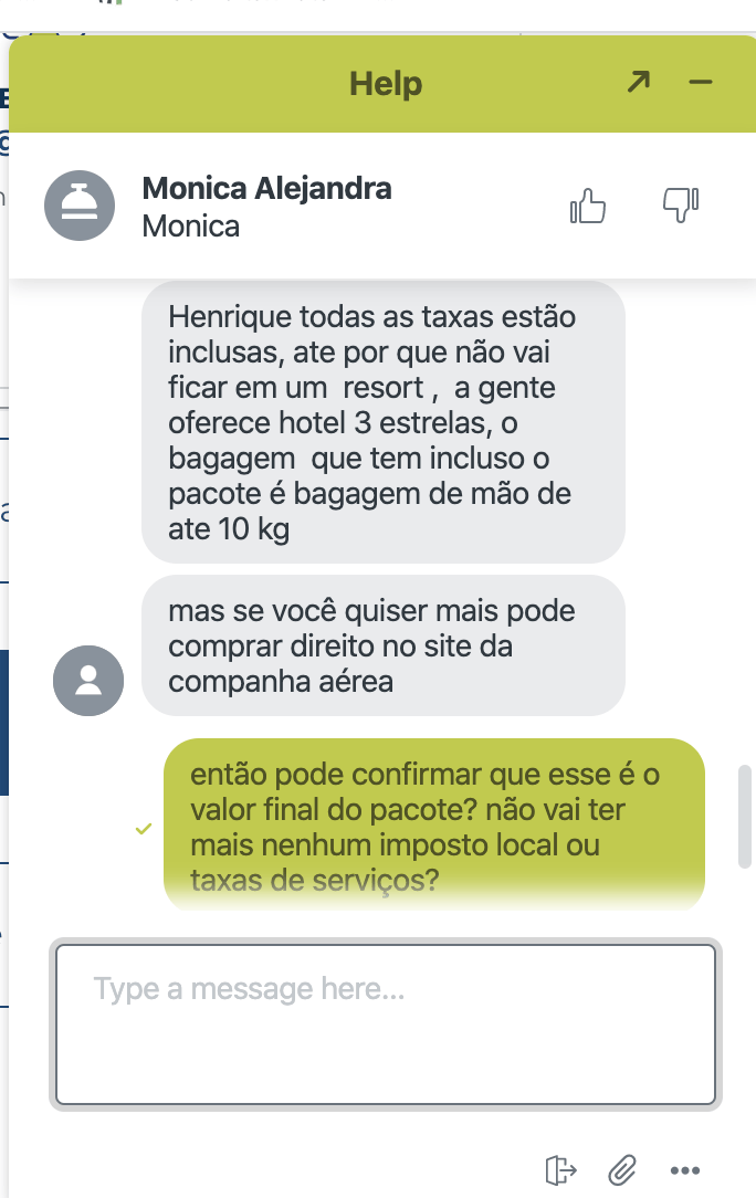 Imagem do chat com o serviço de atendimento do Hurb Imagem do chat com o serviço de atendimento do Hurb, tirando dúvidas a respeito do pacote de viagem.