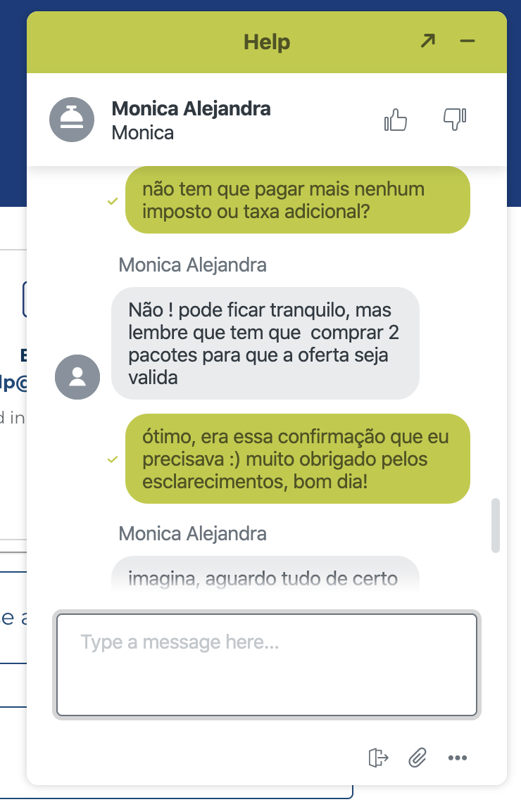 Imagem do chat com o serviço de atendimento do Hurb Imagem do chat com o serviço de atendimento do Hurb, tirando dúvidas a respeito do pacote de viagem.