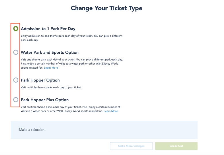 Imagem da tela no site da Disney mostrando as opções de tipos de ingresso para alterar