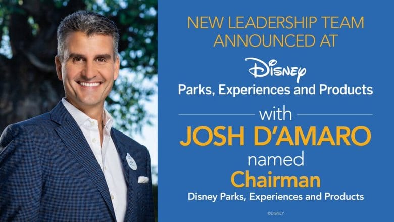 Foto do anúncio do novo presidente de parques, experiências e produtos da Disney, Josh D'Amaro, com o texto a respeito e a foto dele ao lado. 