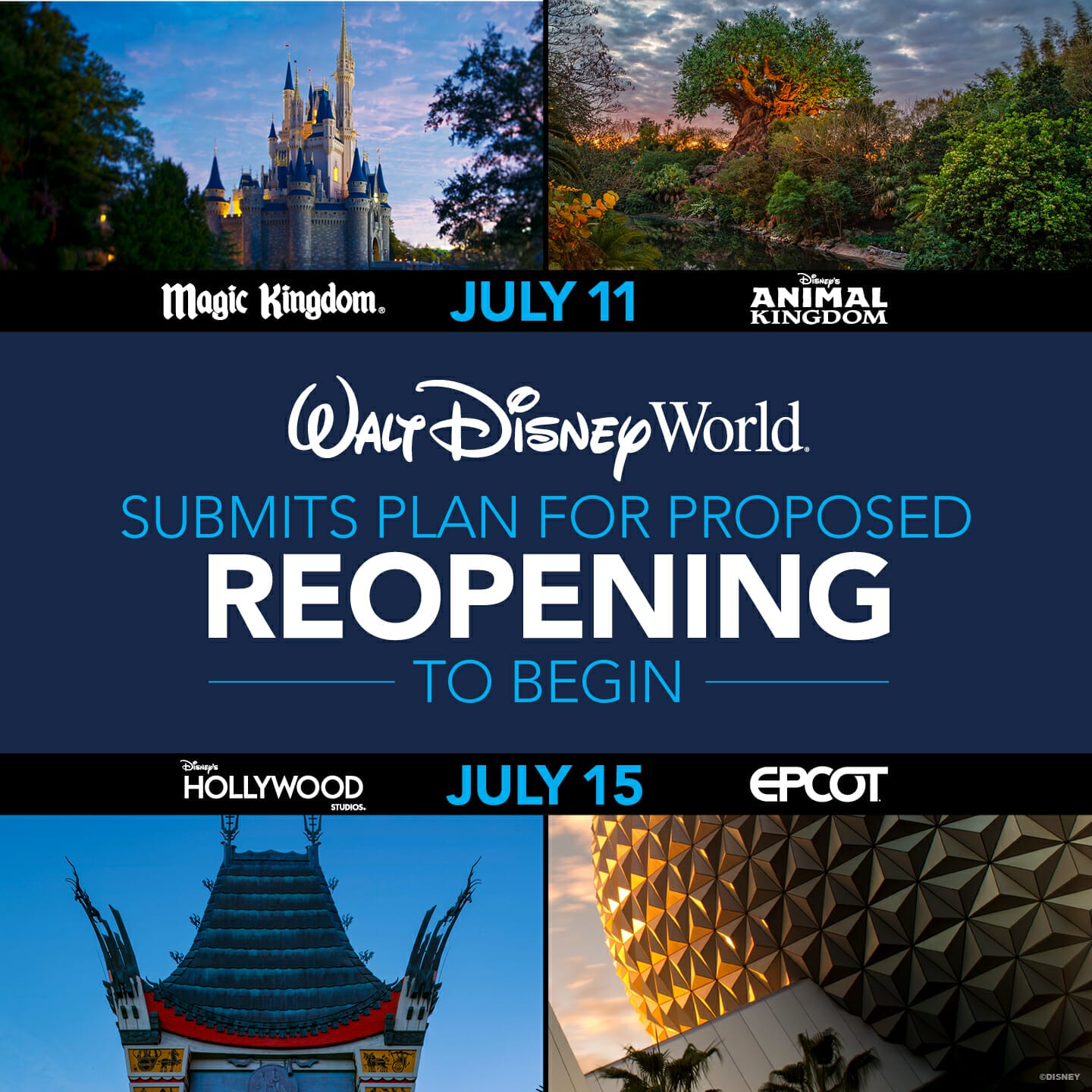 Foto do anúncio da reabertura da Disney - há uma imagem dos ícones de cada um dos parques e no centro, a frase "Walt Disney World submits plan for proposed reopening to begin July 15" 