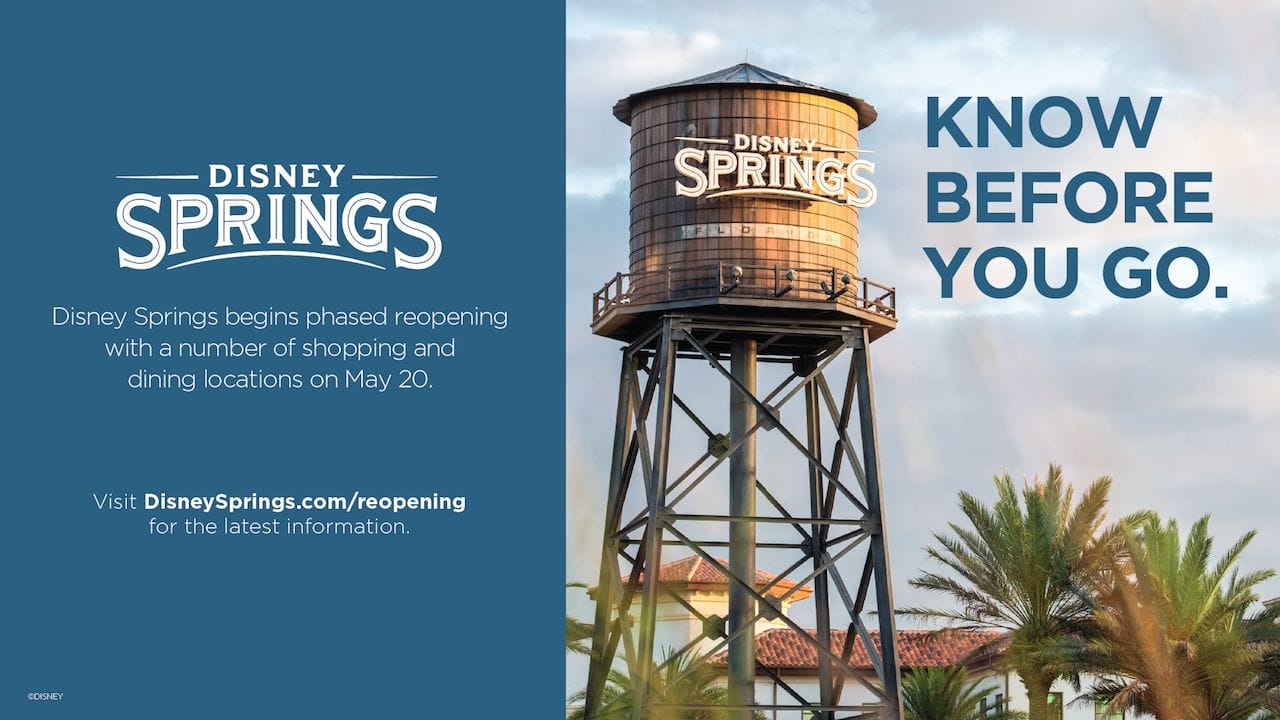 Foto de divulgação da Disney dos procedimentos de reabertura de Disney Springs Foto de divulgação da Disney dos procedimentos de reabertura de Disney Springs, com a imagem da caixa d'água do local e o texto "Know Before You Go"