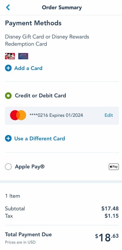 Foto da tela no app da Disney mostrando as diversas formas de pagamento para o Mobile Order 